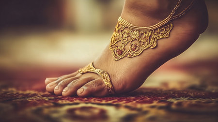 Elegant foot adorned with ornate gold jewelry, highlighting rich cultural traditionsの素材