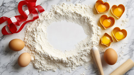 Flour forming a frame with eggs and heart shaped cookie cutters on a marble backgroundの素材