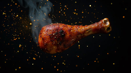 Juicy roasted chicken leg seasoned with spices and herbs, with smoke and falling spices on a black backgroundの素材