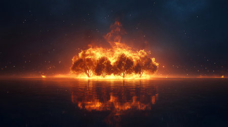 Surreal image of burning trees reflecting in a lake under a starry night skyの素材