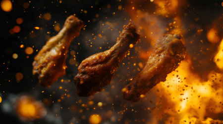 Three crispy fried chicken legs exploding with spices on a fiery backgroundの素材