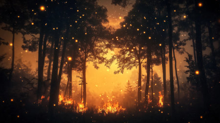 Fireflies illuminating a burning forest at night with a full moon rising behind the treesの素材