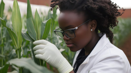 Agricultural scientist wearing gloves and lab coat is examining corn plants in a greenhouseの素材