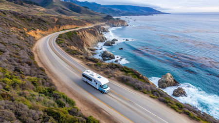 Camper van driving on pacific coast highway big sur californiaの素材