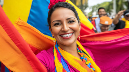 Woman holding colorful flags is smiling and celebrating at a paradeの素材