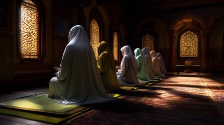 Group of women kneeling in prayer inside a mosque, demonstrating their devotion and spiritualityの素材