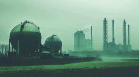 Spherical biogas digesters and industrial towers processing organic waste for renewable energy production in a sustainable agriculture settingの素材