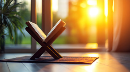 Quran placed on wooden stand with prayer mat at sunset, creating a peaceful atmosphere for prayer and reflectionの素材