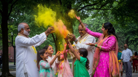 Happy family celebrating Holi festival, playing and throwing gulal powder in a parkの素材