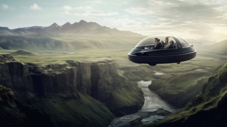Businesspeople flying over Iceland in futuristic car exploring green valley and mountainsの素材