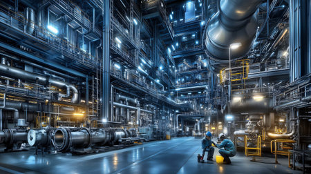 Two engineers discussing maintenance while crouching in an industrial plant at nightの素材