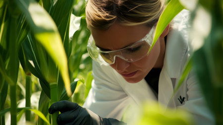 Female scientist examining corn stalks in cultivated field, conducting agricultural research for sustainable farming practicesの素材
