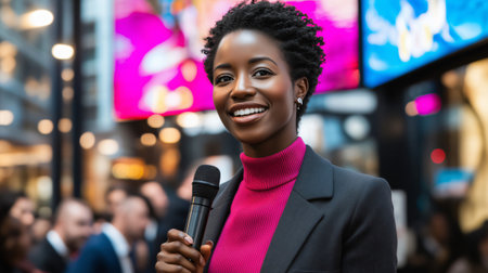 Young businesswoman is smiling while holding a microphone and speaking to a crowd in an urban settingの素材
