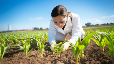 Scientist analyzing young corn plants for genetic research in cultivated fieldの素材