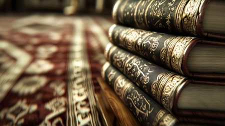 Quran books stacked on a wooden surface with a prayer rug in the background, creating a serene atmosphere of religious devotionの素材