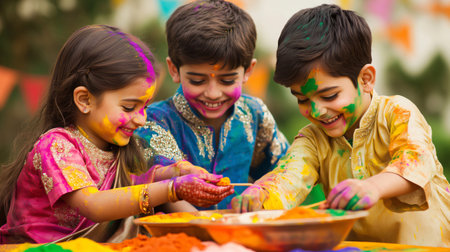 Three cheerful children covered in colorful powder paint are playing with colors during holi festivalの素材