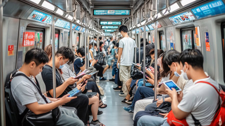 Passengers wearing protective face masks using digital tablets and smartphones while commuting by trainの素材