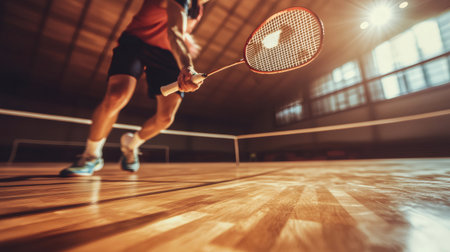 Professional badminton player hitting shuttlecock in a gym with wooden floorの素材