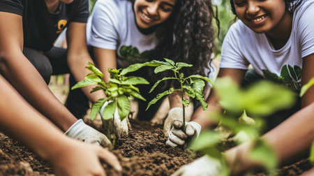 Volunteers wearing gloves planting a tree in the forest to help the planetの素材