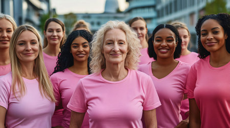 Diverse group of women is smiling outdoors while wearing pink t shirtsの素材