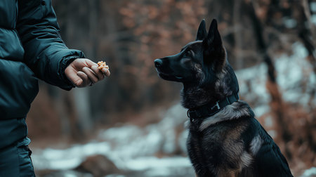Dog trainer is holding a treat in front of an attentive german shepherd dog during an obedience training session outdoorsの素材