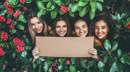 Four young women are hiding in tropical flowers and holding an empty cardboardの素材