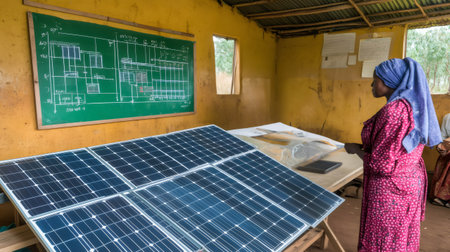 African woman engineer examining solar panels and project blueprint in a sustainable energy workshopの素材
