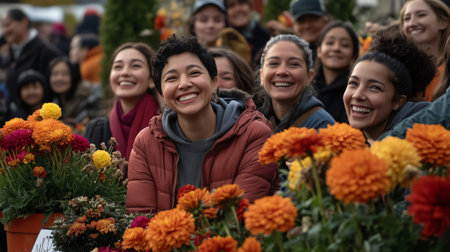 Diverse group of people is laughing and enjoying themselves outside surrounded by orange flowersの素材