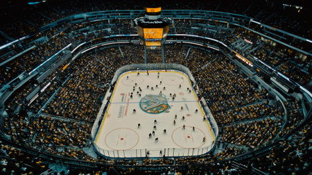 High angle view of two hockey teams starting a match in a crowded arena during a face offの素材