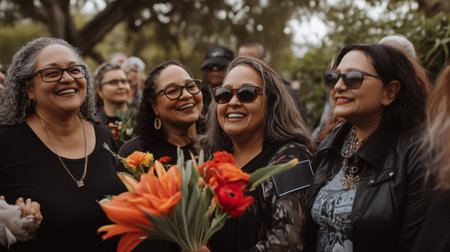 Group of diverse women laughing together while holding a bouquet of flowersの素材