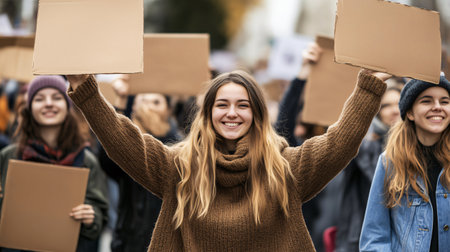 Activists are holding blank banners while marching on a protest walkの素材