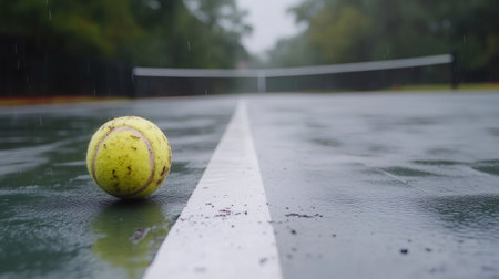Close up of a dirty tennis ball on a wet outdoor court, with rain falling and the net blurred in the backgroundの素材