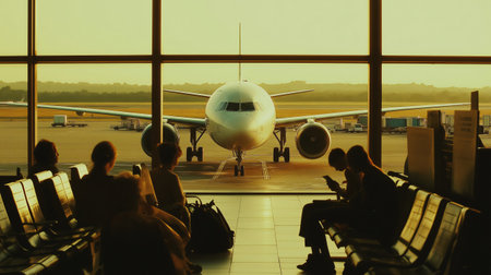 Passengers are sitting in an airport terminal, waiting for their flight, with an airplane visible through the large windowの素材