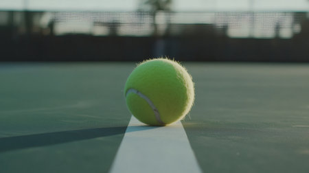 Close up of a slightly worn tennis ball resting on the white line of a green tennis courtの素材