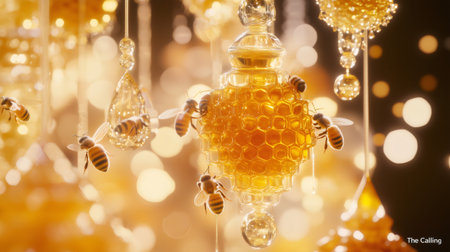 Honeycomb hanging on a crystal chandelier with bees flying around, creating a luxurious and natural atmosphereの素材