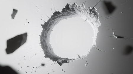 Circular hole in a broken wall with fragments exploding outwards, creating a dramatic and destructive sceneの素材