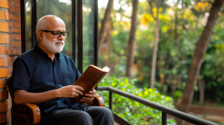 Elderly Indian man relaxing and reading a book in a peaceful balcony settingの素材