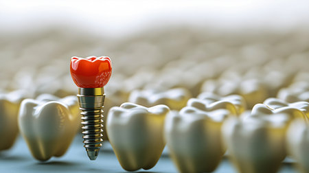 3d rendering of a dental implant procedure, showing a single red tooth standing outの素材