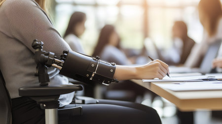Businesswoman with prosthetic arm sitting in wheelchair and writing on paper at desk in modern officeの素材