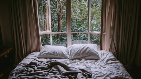 Cozy bedroom with open window showcasing lush green trees, offering a serene and peaceful atmosphereの素材