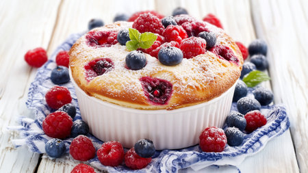 Freshly baked souffle, topped with raspberries, blueberries, and a dusting of powdered sugar, sits on a white rustic tableの素材