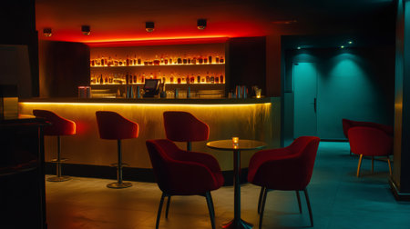 Empty nightclub interior with bar counter illuminated by warm neon lights and red furnitureの素材