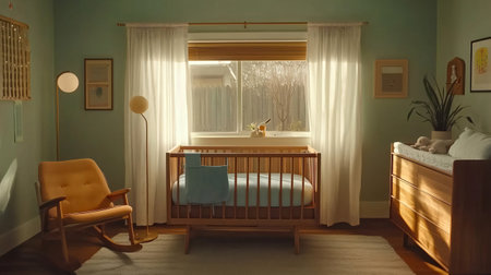 Sun shining through window of cozy pastel green nursery with crib, rocking chair and changing tableの素材