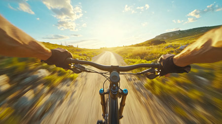 First-person view of a mountain biker speeding downhill on a mountain road at sunsetの素材