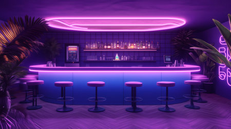 Empty bar counter with stools, neon lights, tropical plants, and alcohol bottles creating a vibrant and stylish nightlife atmosphereの素材
