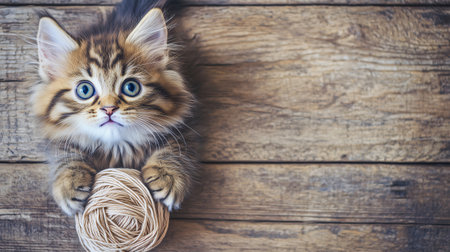 Fluffy kitten with bright blue eyes is playfully holding a ball of yarn on a rustic wooden backgroundの素材