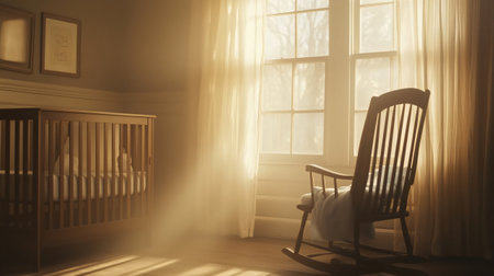 Warm sunlight illuminating a cozy nursery room with a rocking chair and a cribの素材