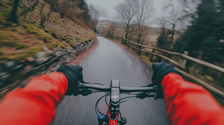 Cyclist is speeding down a country road on their bike, with the motion blur creating a sense of speed and excitementの素材