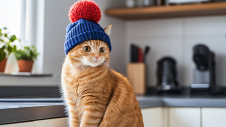 Adorable ginger cat wearing a blue woolen hat with a red pompom, sitting on a kitchen counterの素材