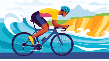 Cyclist wearing helmet and glasses riding racing bicycle along coast with ocean waves, promoting healthy lifestyle and outdoor activityの素材